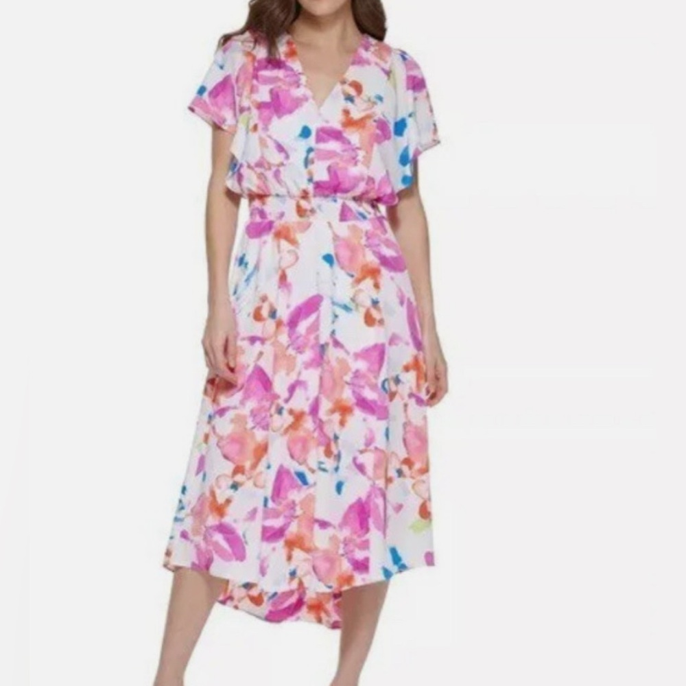 DKNY Vibrant Floral High Low Smocked Waist V Neck Flutter Sleeve Floral Dress 2 - Picture 2 of 10